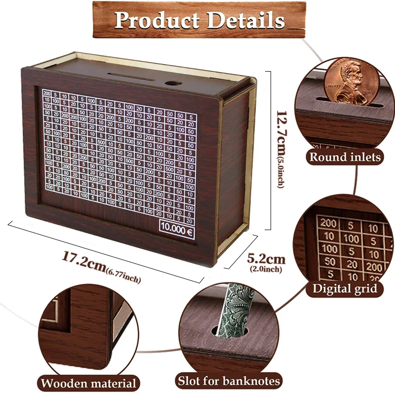 Wooden Japanese Piggy Bank Money Box Saving Goal Numbers Boxes Reusable Coin Case 1000/2000/3000/5000/10000 Euro