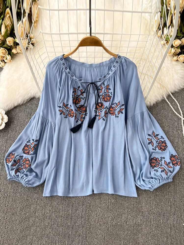 トップス used euro embroidery blouse Vintage Peasant Blouse / Purple Embroidery / Semi Sheer Hippie