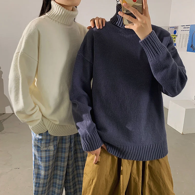 

Privathinker Couple Autumn Sweater Turtleneck Men's Loose Solid Knitted Pullovers Unisex New Korean Style Male Casual Clothing