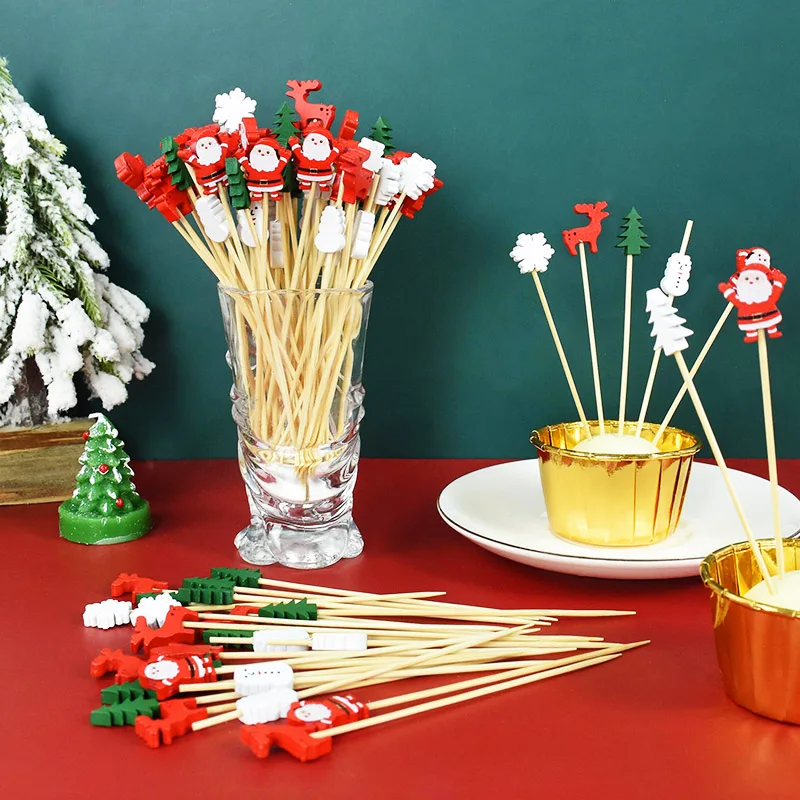 Christmas Tree Santa Claus Snowflake Bamboo Stick Disposable Xmas Food Fruit Picks 100Pcs food picks,food toothpicks