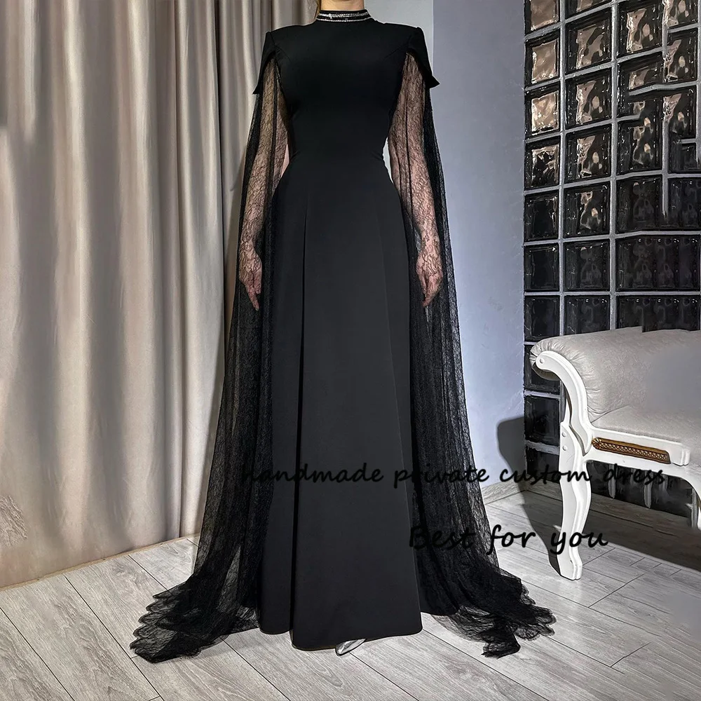 

Black Evening Dresses for Women High Neck Mono Satin Arabian Dubai Prom Dress with Cape Elegant Long Formal Evening Gowns