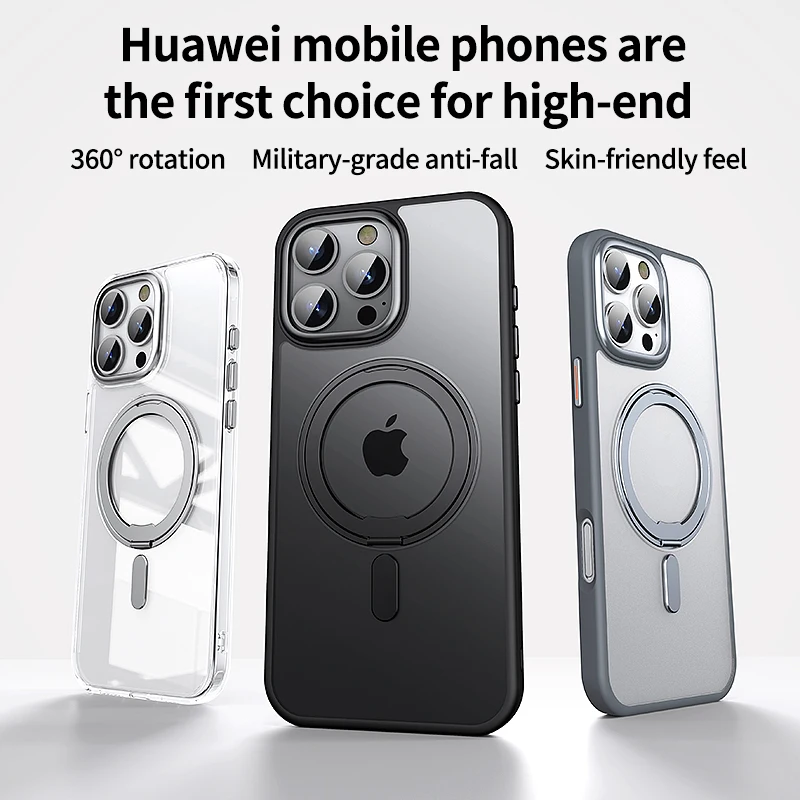 Magnetic 360° Stand Phone Case with Metal Button & Lens Protection - Transparent Matte Cover