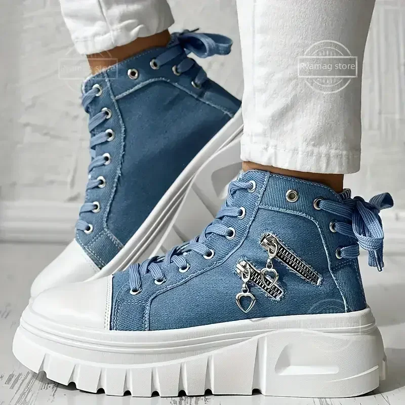 Sneakers Women's Solid Color Denim Canvas Sneakers Lace Platform Soft Sole Shoes Zip 2