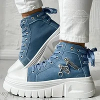 Sneakers Women's Solid Color Denim Canvas Sneakers Lace Platform Soft Sole Shoes Zip 2