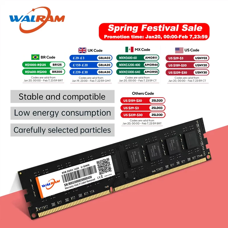 thumbnail image 1 of WALRAM DDR3 RAM 8GB 1333MHz 1600MHz Memoria de escritorio PC3 12800U 10600U escritorio 240 pines 1,5 V Memoria RAM DDR3 Compatible con Intel, 1 of 5
