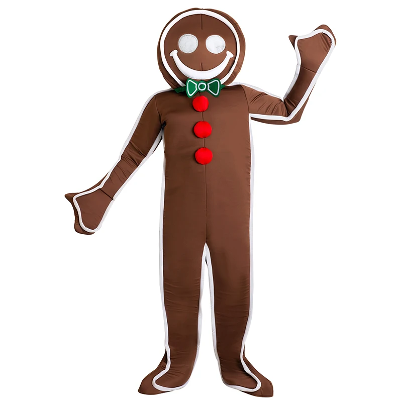 

Unisex Christmas Cookie Jumpsuit With Headpiece Fancy Dress Up Cosplay Adult Iced Gingerbread Man Men's Halloween Costume