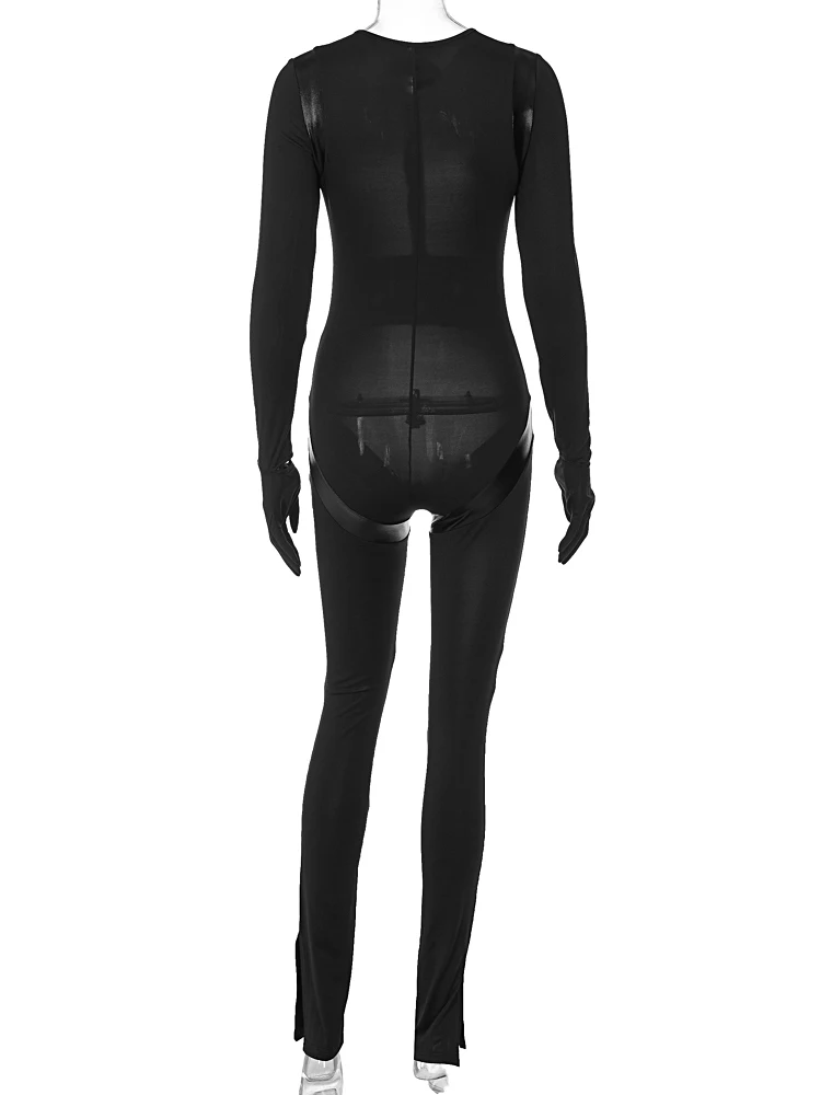 2022 Black Solid O Neck Long Sleeves Zip Up Sexy Bodycon Skinny Jumpsuit Fall Women New Streetwear Sports Y2K Romper