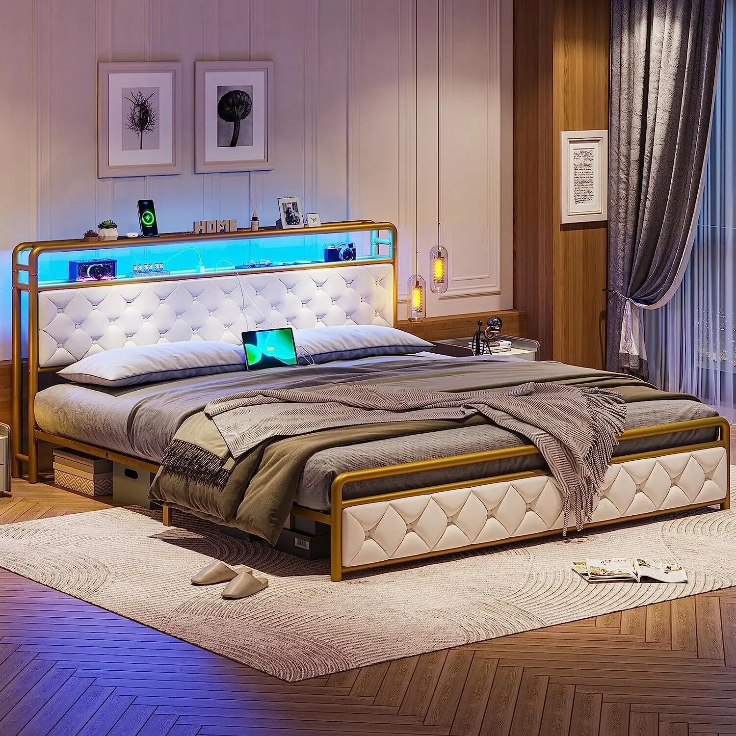 

King Size LED Bed Frame with Storage Headboard Upholstered Platform White & Gold
