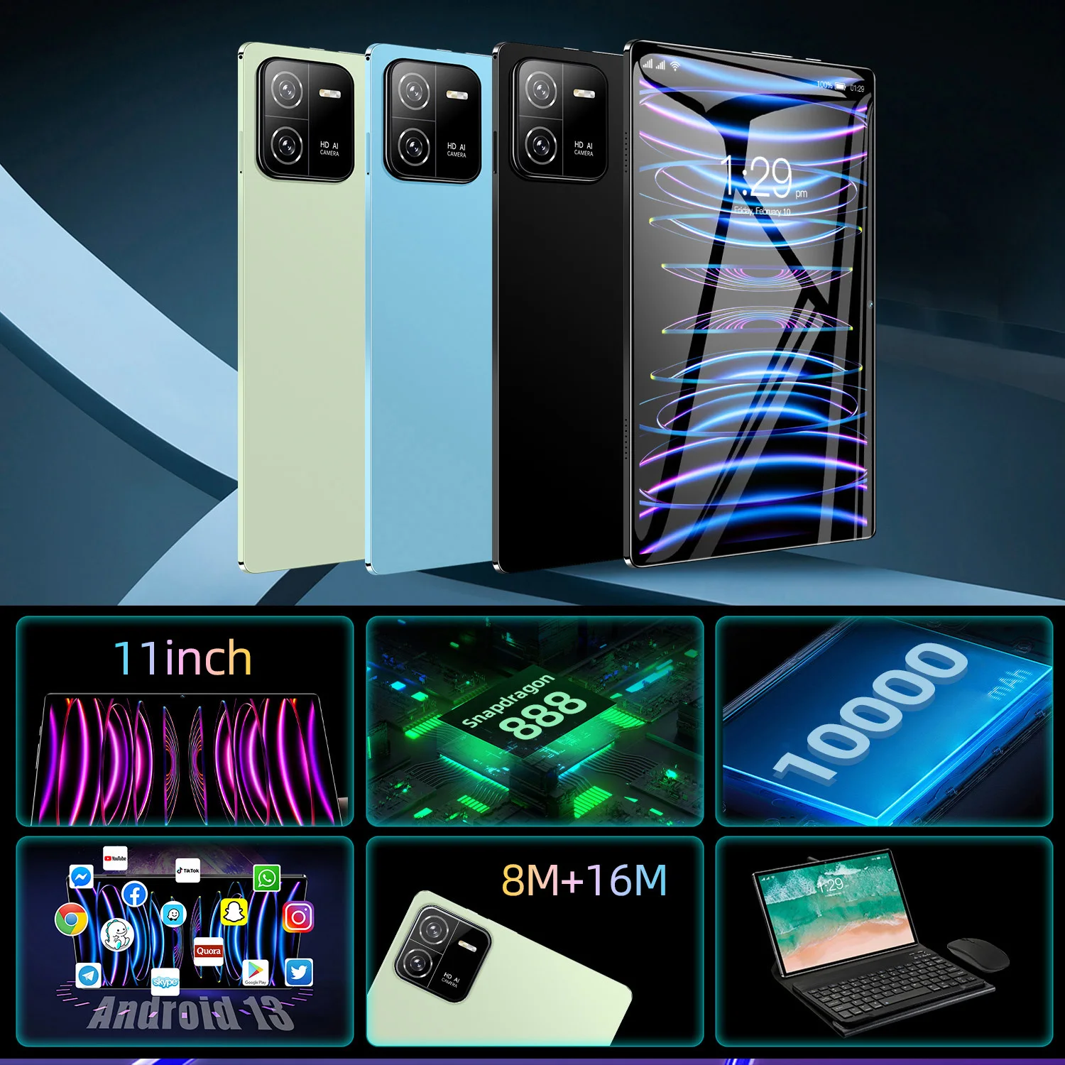 2024 오리지널 글로벌 버전 패드 6 프로 태블릿 PC, 스냅드래곤 888, 10000mAh, 안드로이드 13 RAM, 16GB ROM, 1TB, 5G HD, 4K 화면, 와이파이, 미 탭