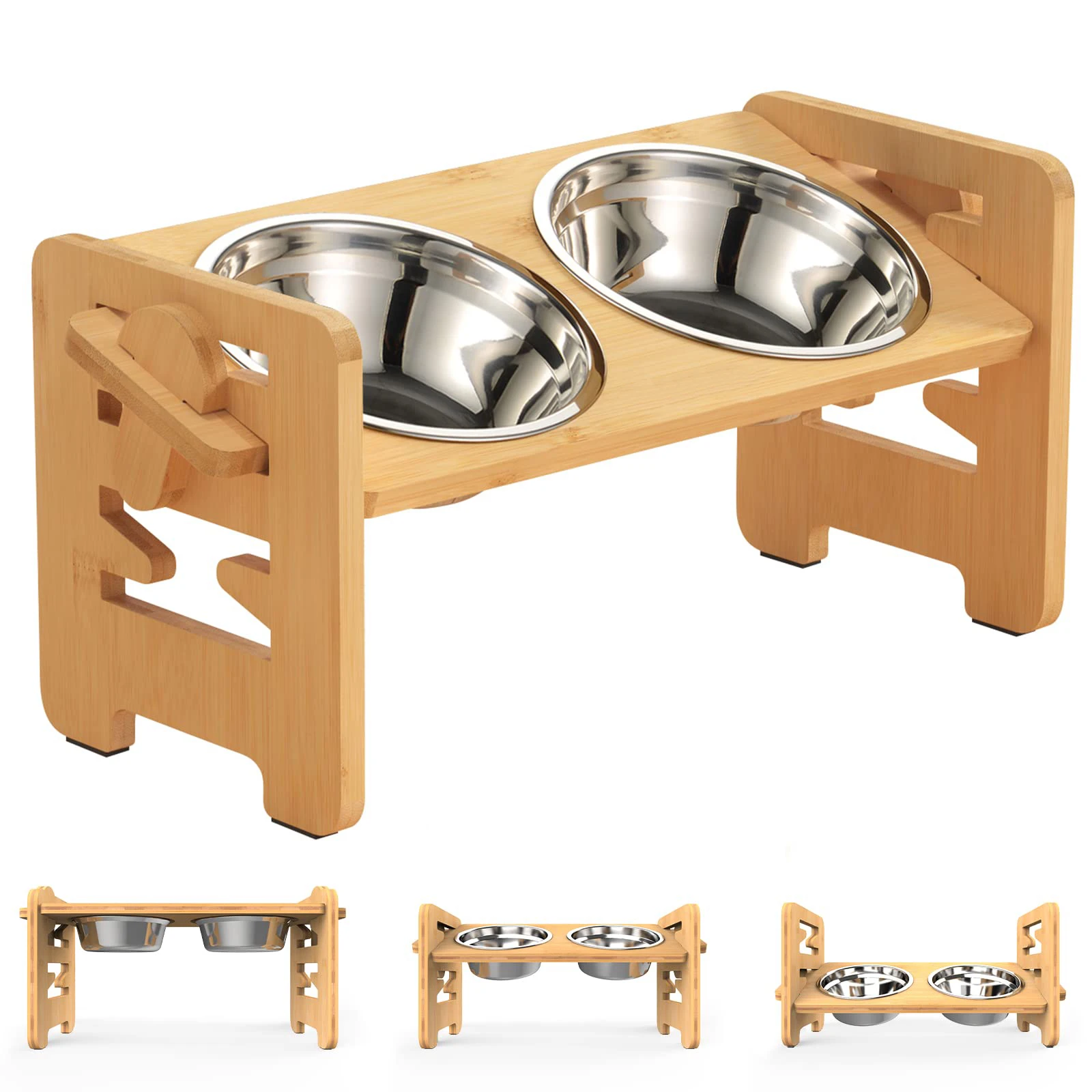 Elevated Dog Bowls Bamboo Tilted Adjustable Dogs Feeder Stand with