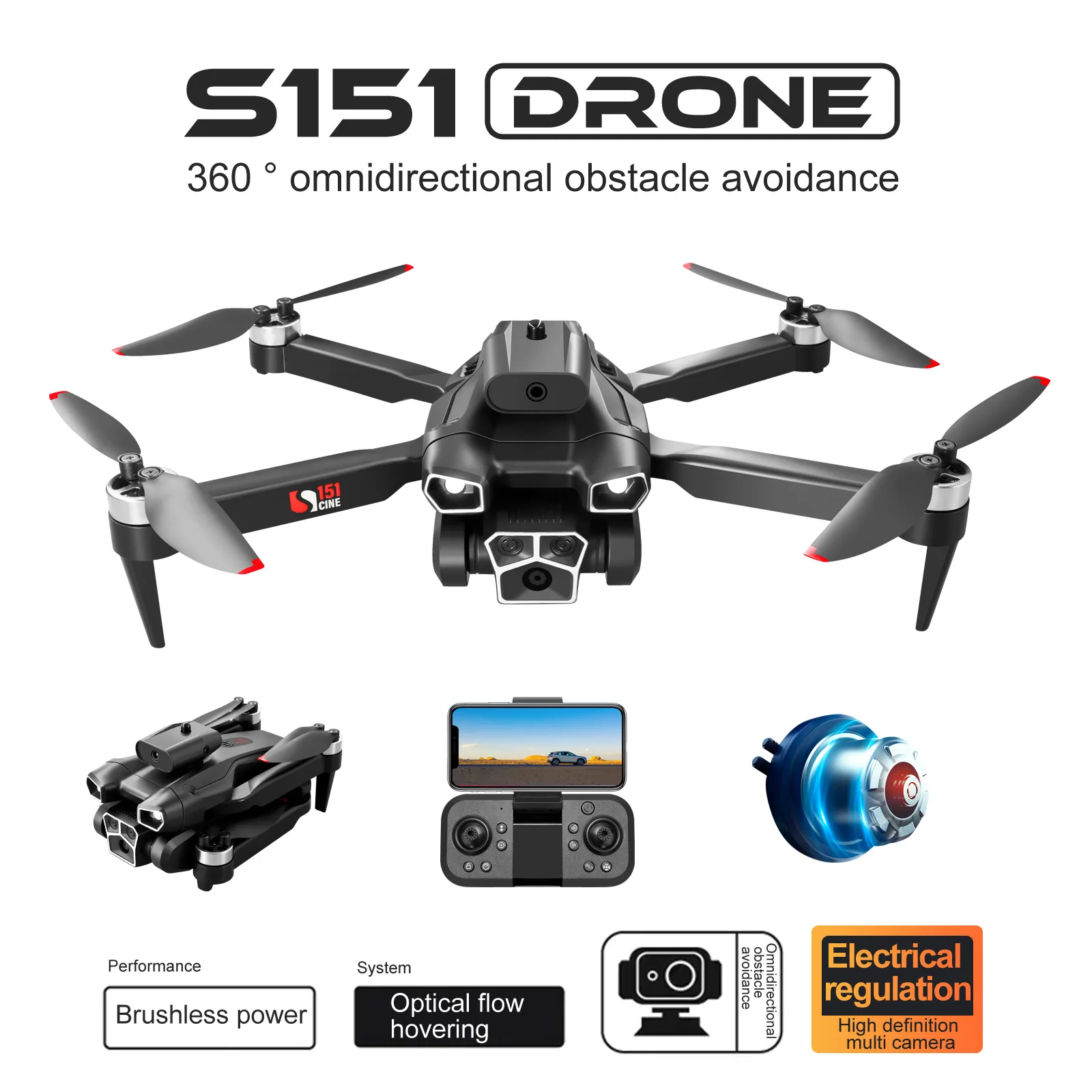 

S151 Drone 8k HD 3 Camera ESC Obstacle Avoidance Brushless Motor Foldable Quadcopter Wifi FPV Optical Flow Localization Dron Toy