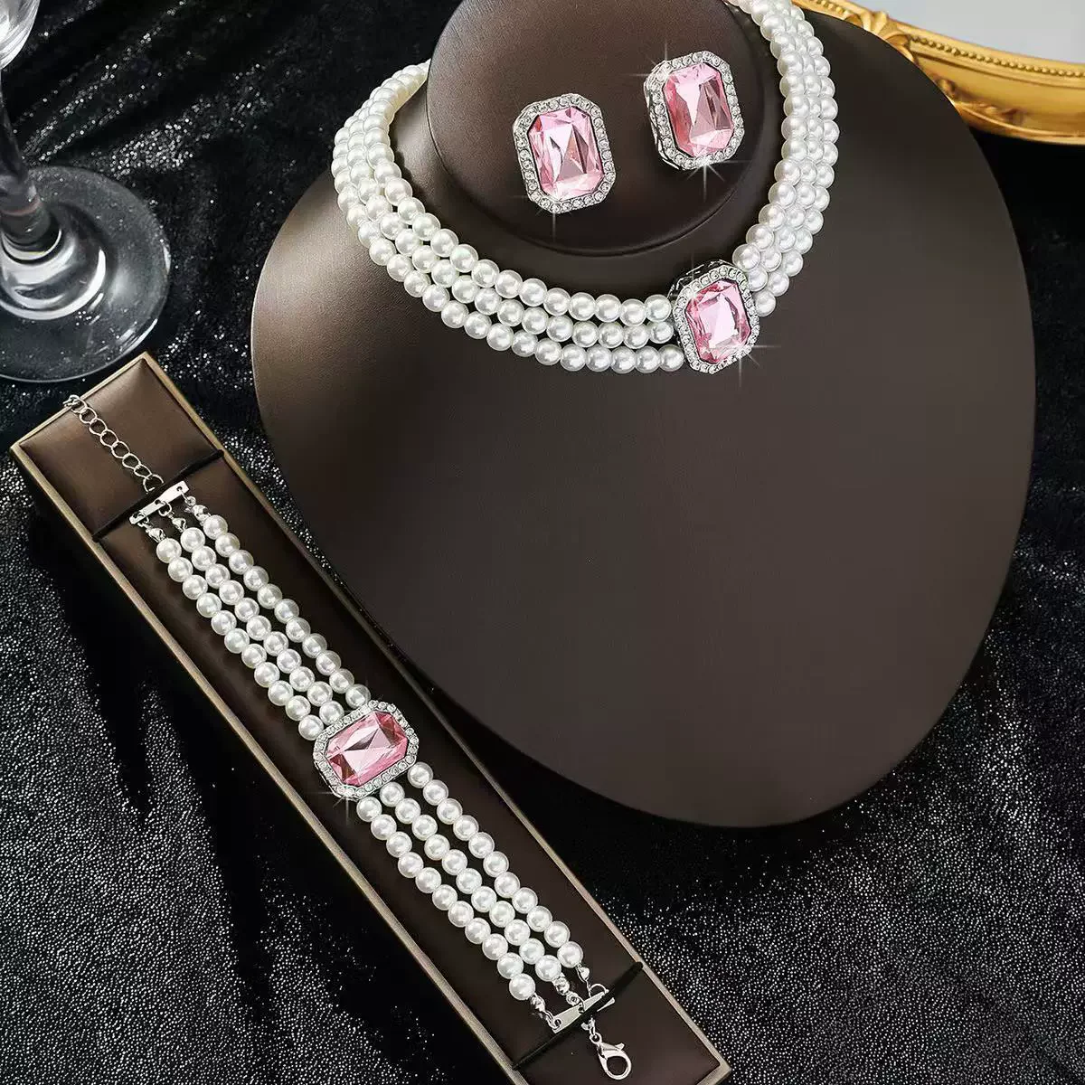 White Pearl Jewelry Set For Women Bridal Crystals Necklace Bracelet Earring Wedding Party Jewelry Sets - 4