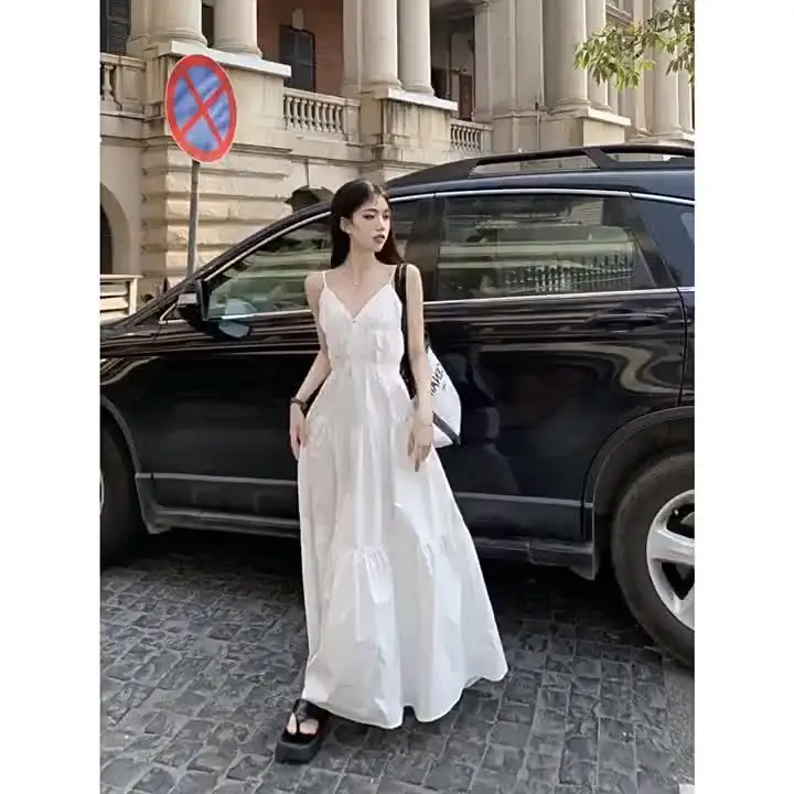 Women's Summer Spaghetti Strap Maxi Dress – V-Neck Cutout With Pockets & High Split, Casual Beach Dress