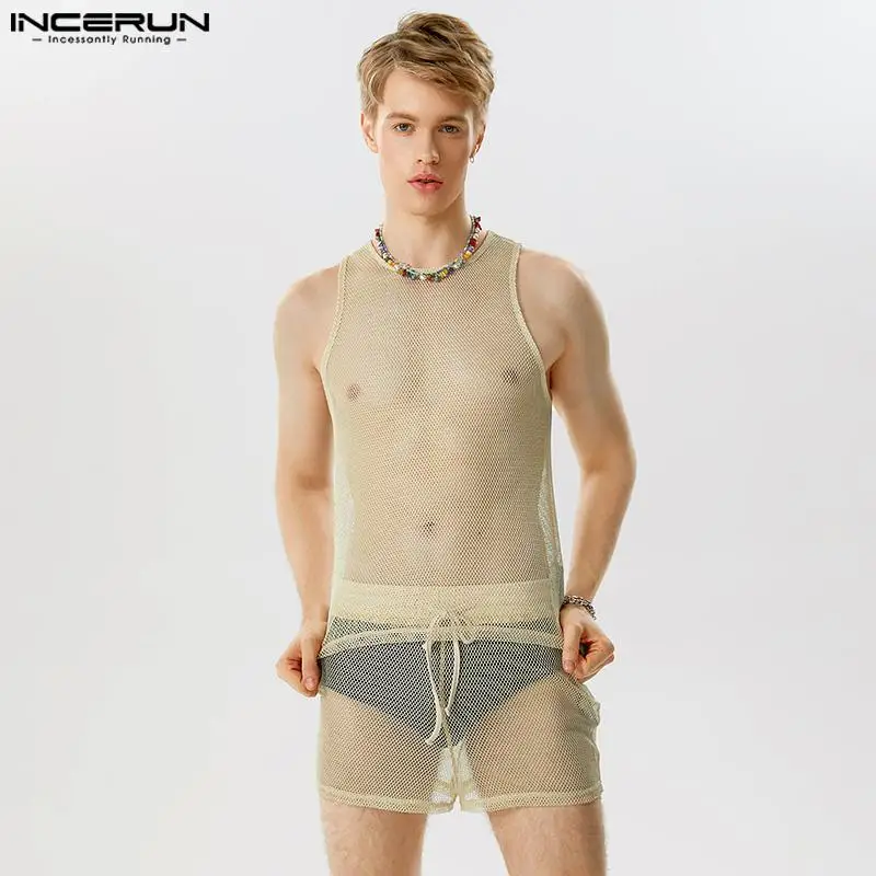

Стильные повседневные Стильные комплекты INCERUN мужские блестящие тканевые прозрачные сетчатые жилеты и шорты сексуальные удобные тонкие комплекты из двух предметов