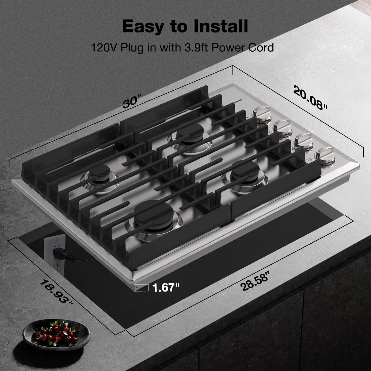30 Inch Gas Cooktop with 4 Italy Sabaf Power Burners, Built In Gas Stove Top of 304 Stainless Steel, Gas Hob NG/LPG 6