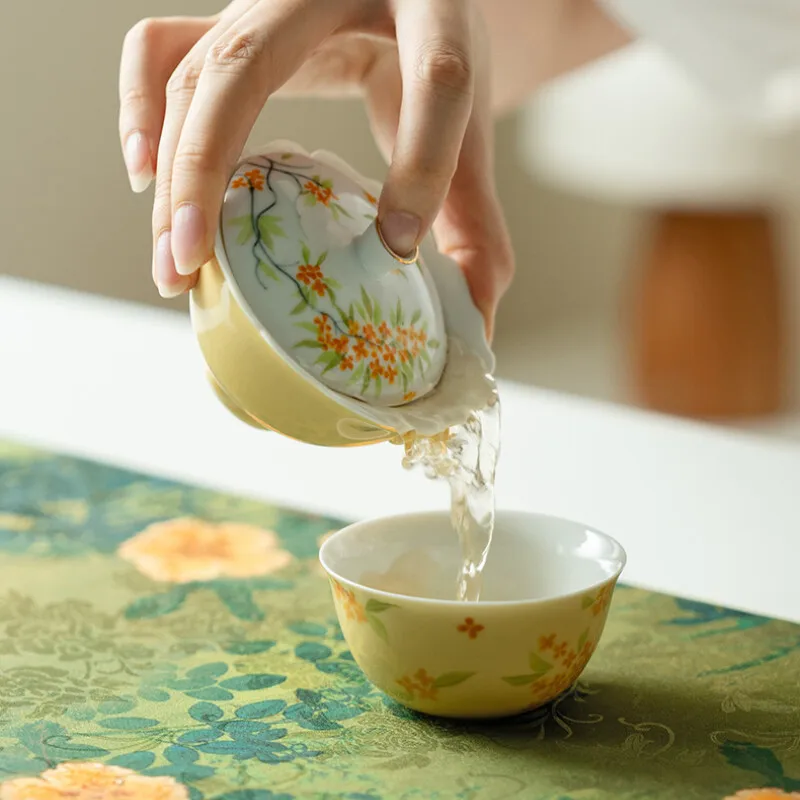 Hand-painted Osmanthus Flowers Travel Tea Set Kit Antique 1 Pot 1 Cups Tea Making Organizer Portable Picnic Tote Bag Supplies