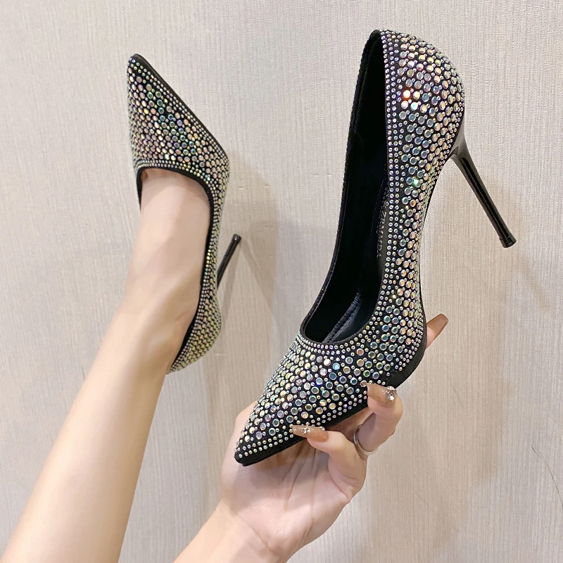 

High Heels Shoes for Women Wedding Bride Pumps Party Dress Stiletto Rhinestone Bling Super Pointed Toe Sexy Elegant Woman Heeled