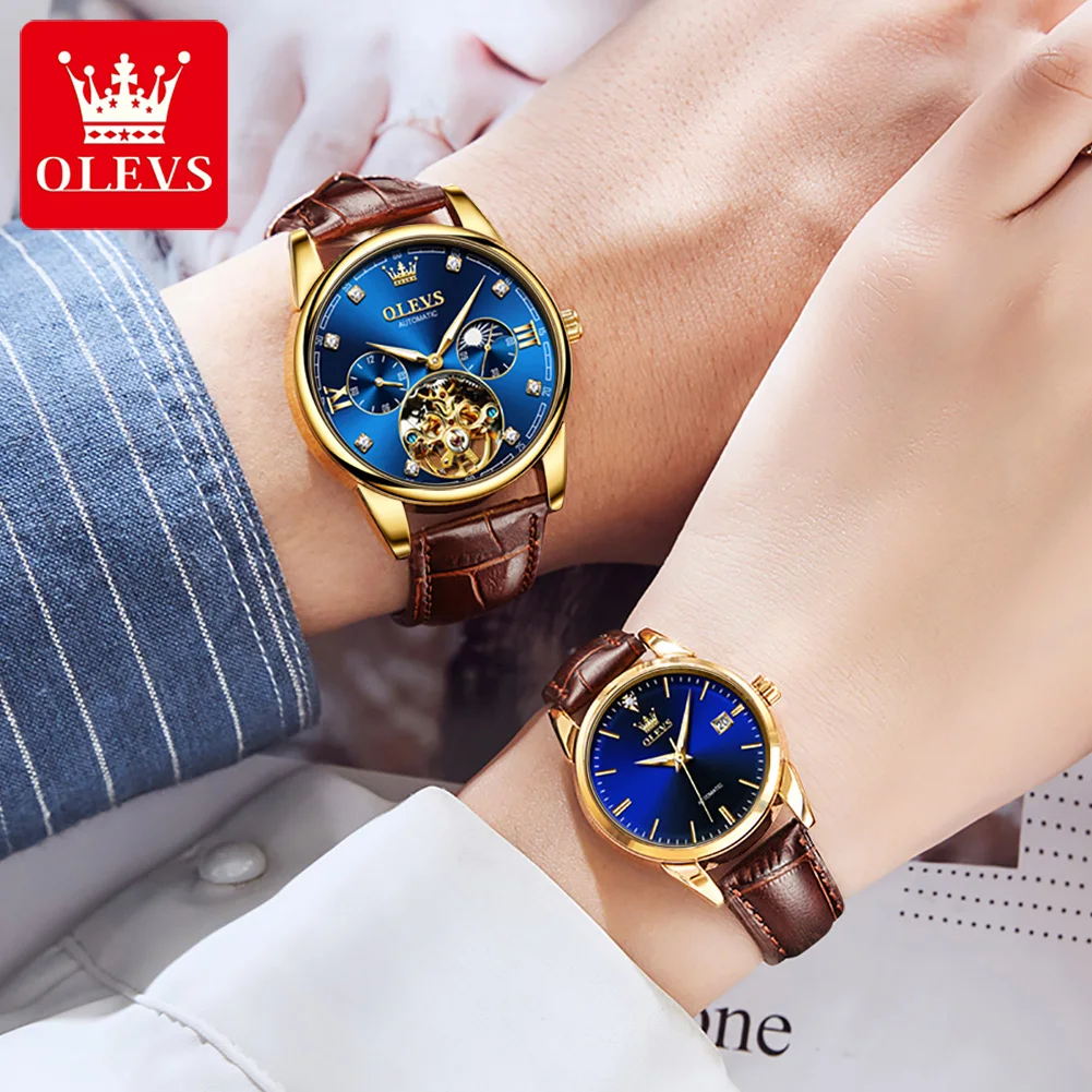 OLEVS Skeleton Couple Watch Automatic Mechanical Stainless Steel Watches for Men and Women Waterproof Luminous Wrist Watch Reloj