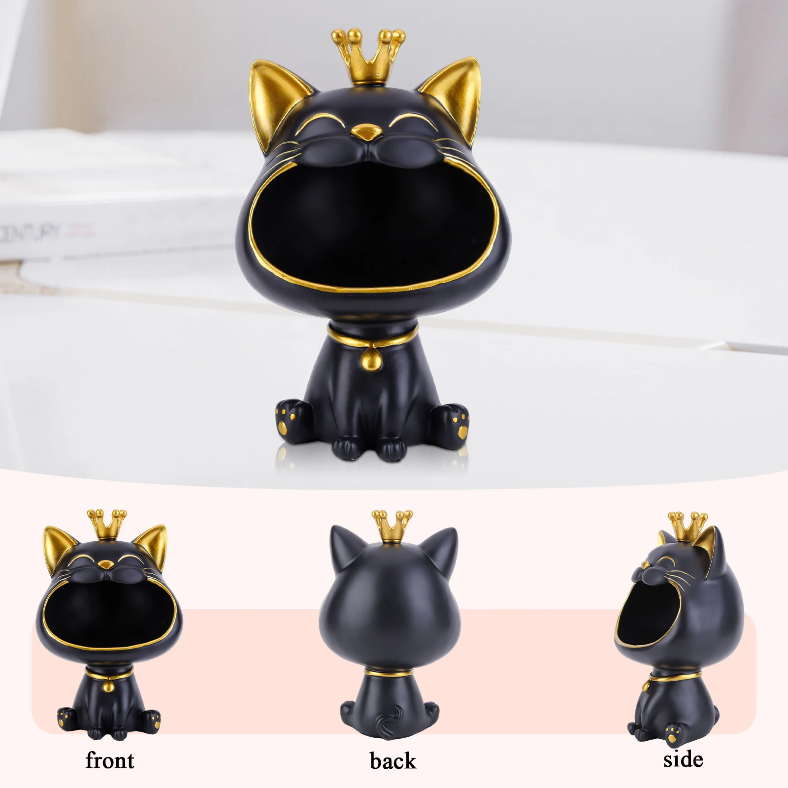 Lucky Cat Resin Figurine Creative Laughing Cat Storage Box Cute Big Mouths Cat Statue Desktop Key Box Container Home Decoration