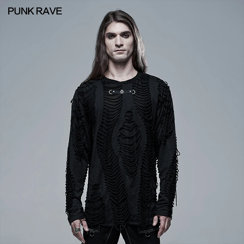 

PUNK RAVE Men Goth Broken T-Shirt Layered Knitted Tassels Burnt Tees Unique Ghost Tops Punk Cool Casual Street Gothic Clothing