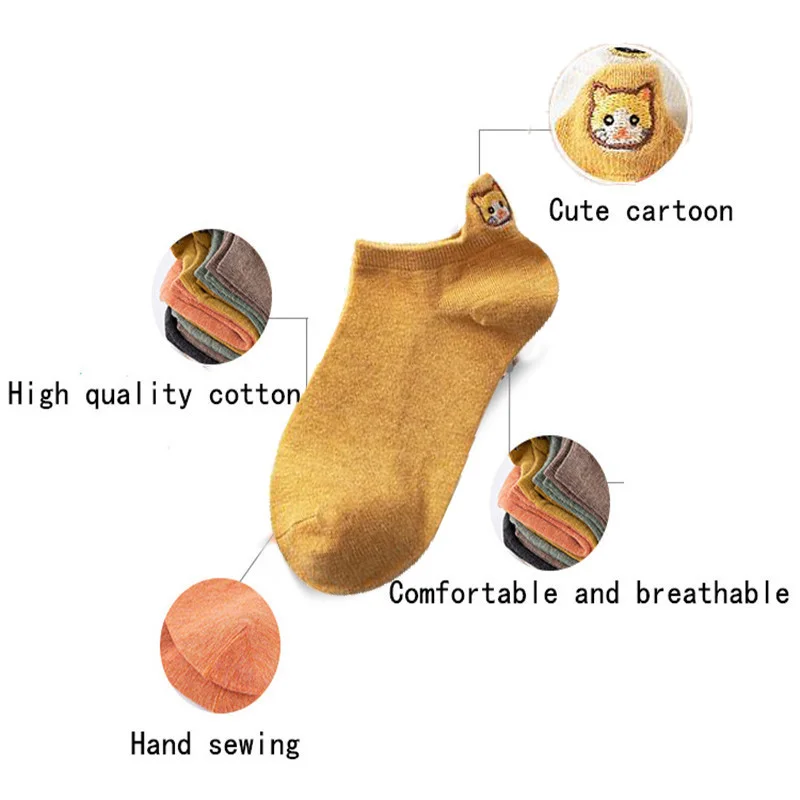Kawaii Women's Ankle Socks - Cute Cartoon Embroidery with Cat Paws & Claws Design (10 Pairs)