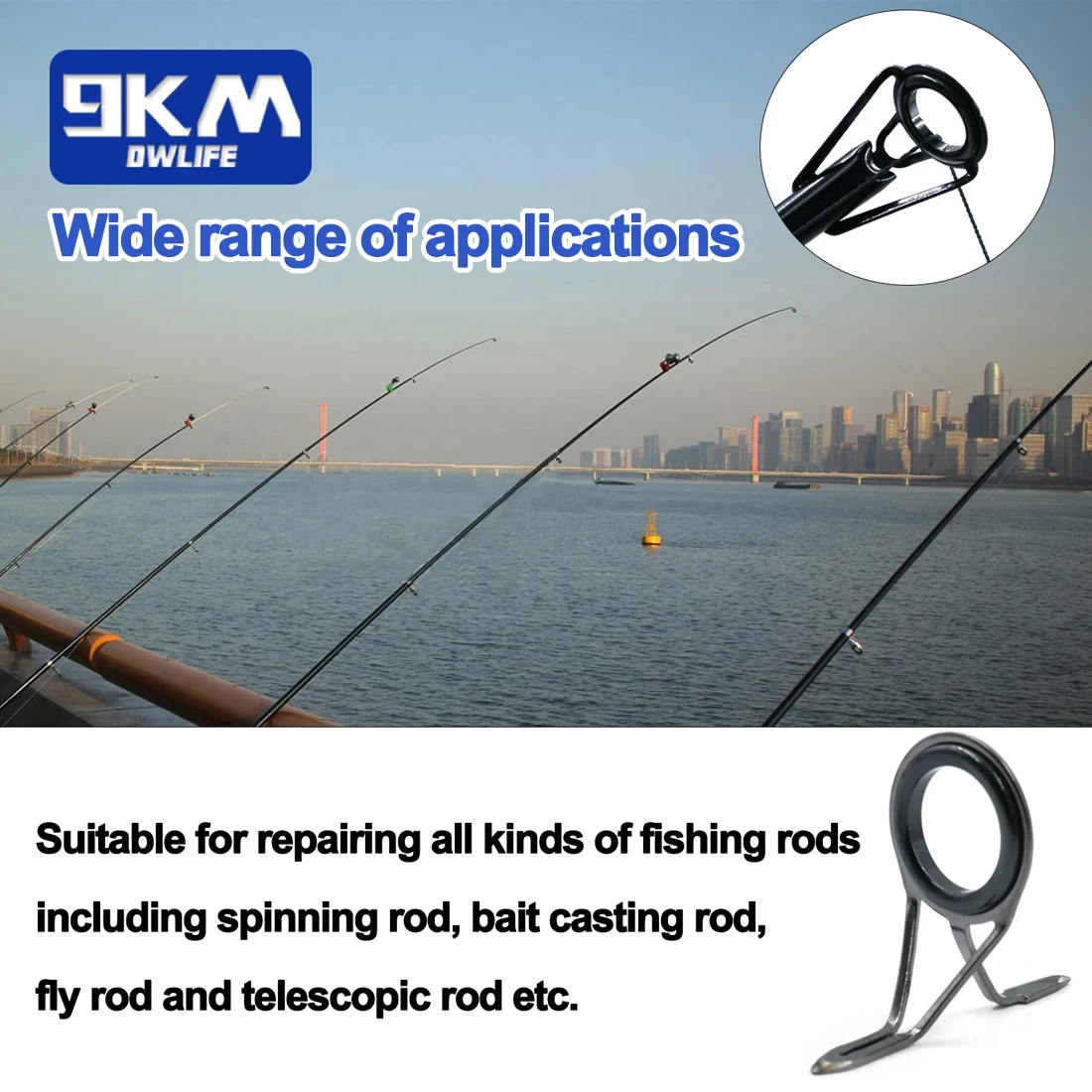 9KM Fishing Rod Guide Repair Kit Rod Tips Guide Repair kit with Ceramic  Ring Double Foot Pole Guide Replacement Kit Saltwater