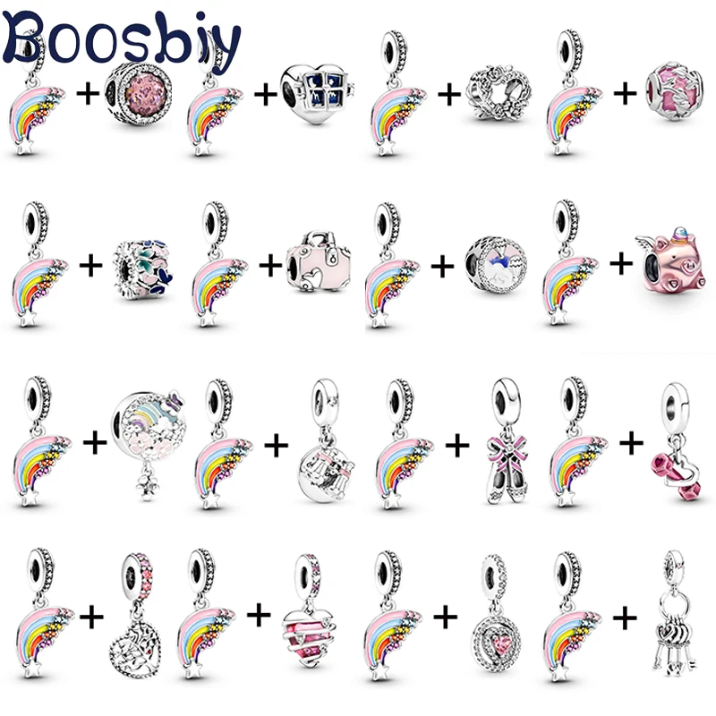 

2Pc/lot Colorful Rainbow & Flower Beads With Heart Pendant Fit DIY Brand Charm Bracelet & Necklace For Women Jewelry Making Gift