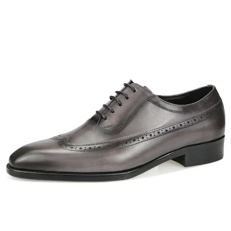 Formal Shoes Male 38-47 Handcrafted Luxury Men Dress Shoe Genuine Leather Wingtip Grey Brogue Lace-up Classic Style Comfortable