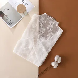 Elegant Mesh Lace Blouse - Long Sleeve Sheer Crop Top - M (White)