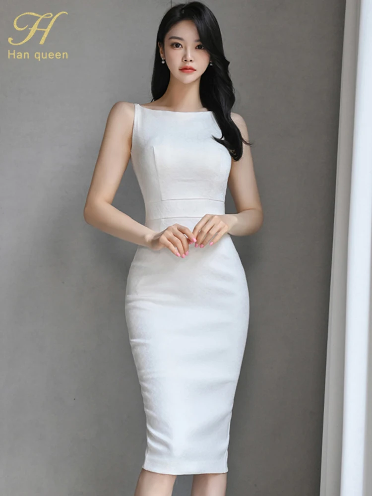 

H Han Queen 2024 New Woman Clothing Slim White Sheath Pencil Summer Dress Office Party Elegant Dresses For Women Fashion Vestido