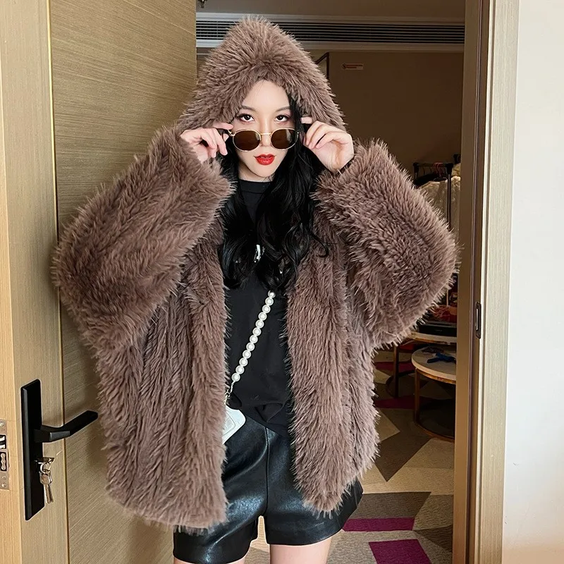 

Winter Jackets For Lady 2023 Luxury Artificial Fox Fur Coat Women Fashion Coffee Fluffy Jacket Casual Loose Hooded Faux Fur Coat