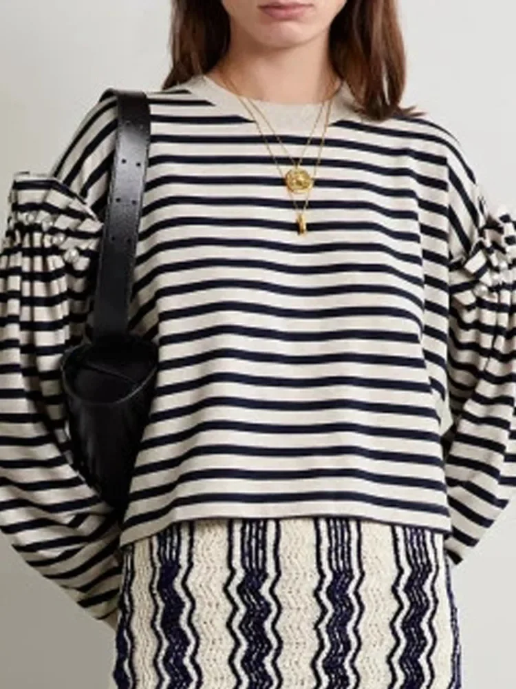 

Women's Sweatshirts 2023 New Fall Stitching Pearl Design Round-Neck Stripes All-Match Loose Commuter Long Sleeve Pullover