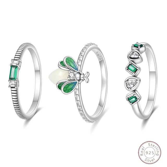 Original 925 Sterling Silver Ring Green Luminous Insect Firefly Zircon Ring Women Jewelry