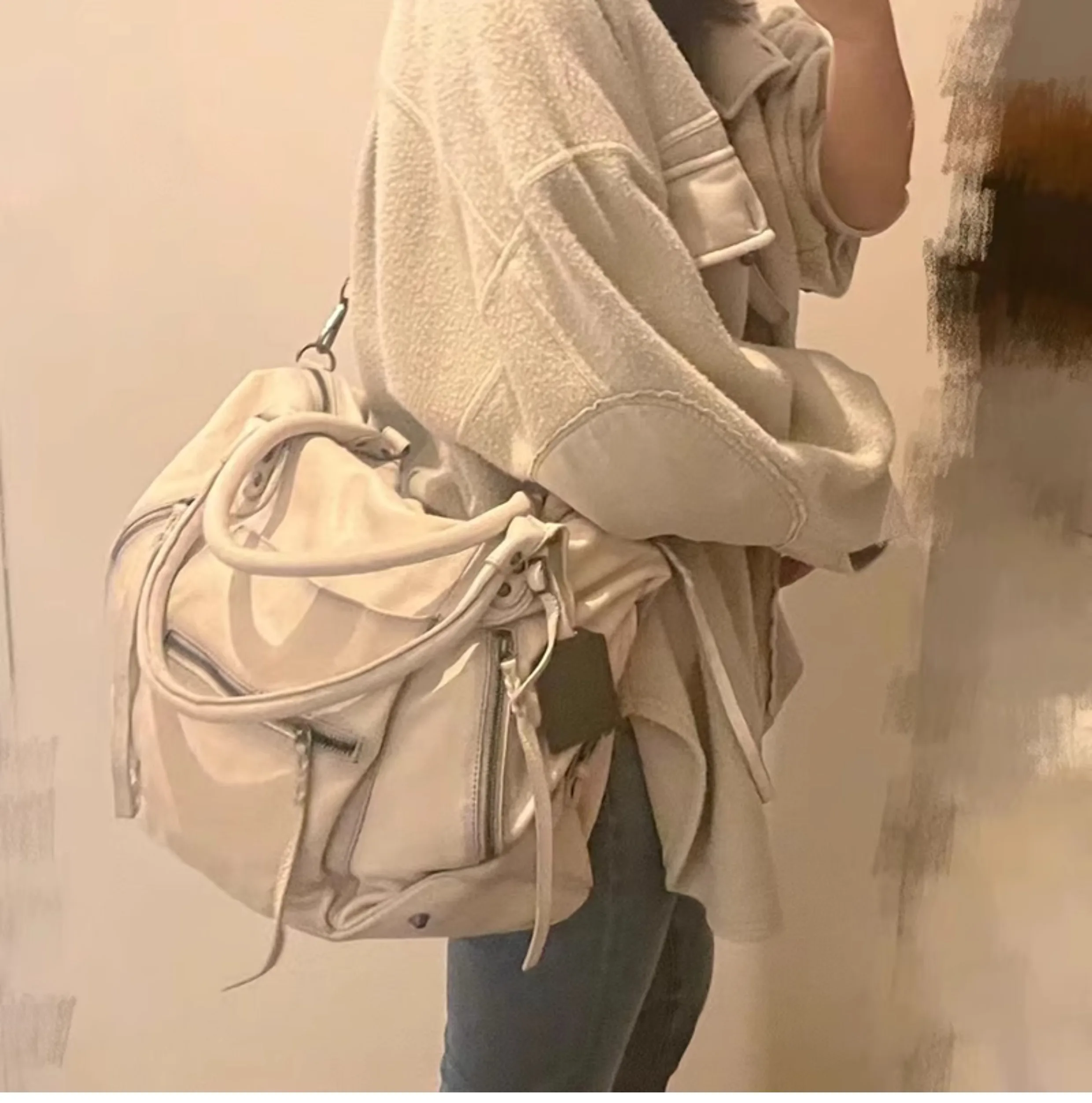 JIAERDI Hot Girls White Tote Bag Women Vintage Leather Soft Large Capacity Handbag Messenger Bag Female Y2k Grunge Shoulder Bags