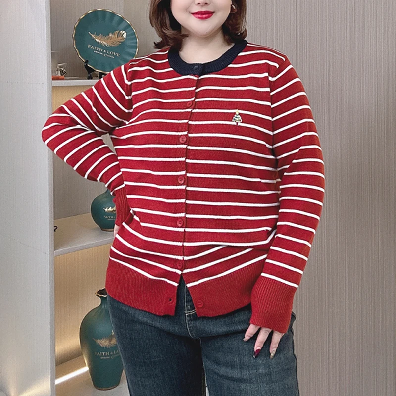 Plus Size Women's Stripe Sweater Autumn Winter Loose Fashion Embroidered Christmas Tree Knit Cardigan Crew Neck Jumpers 4080