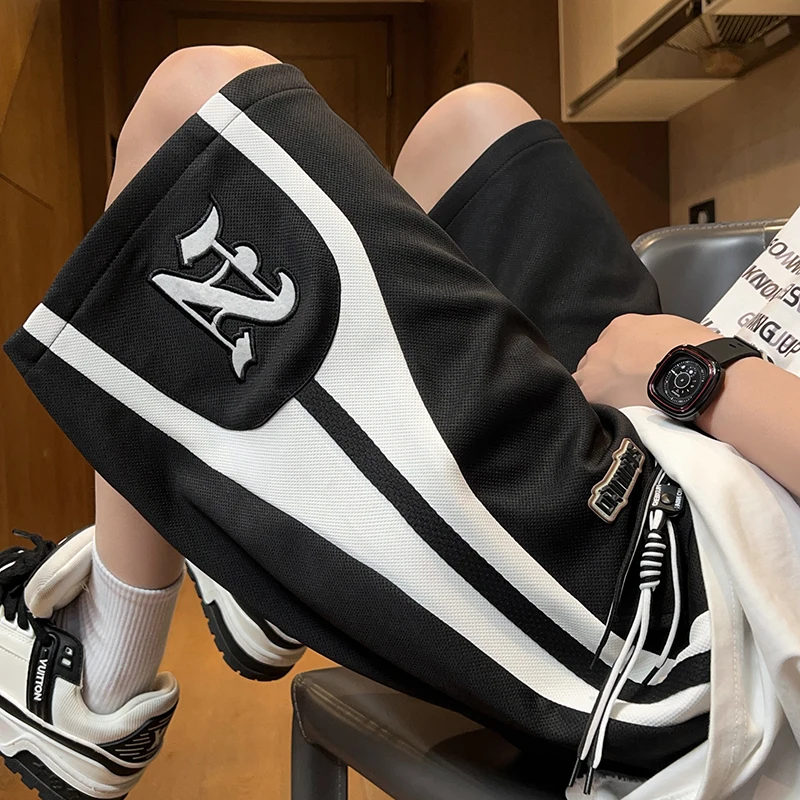 2024 Summer Embroidered Letter Colorblock Shorts Casual Loose Sweatpants Unisex Trendy Wear