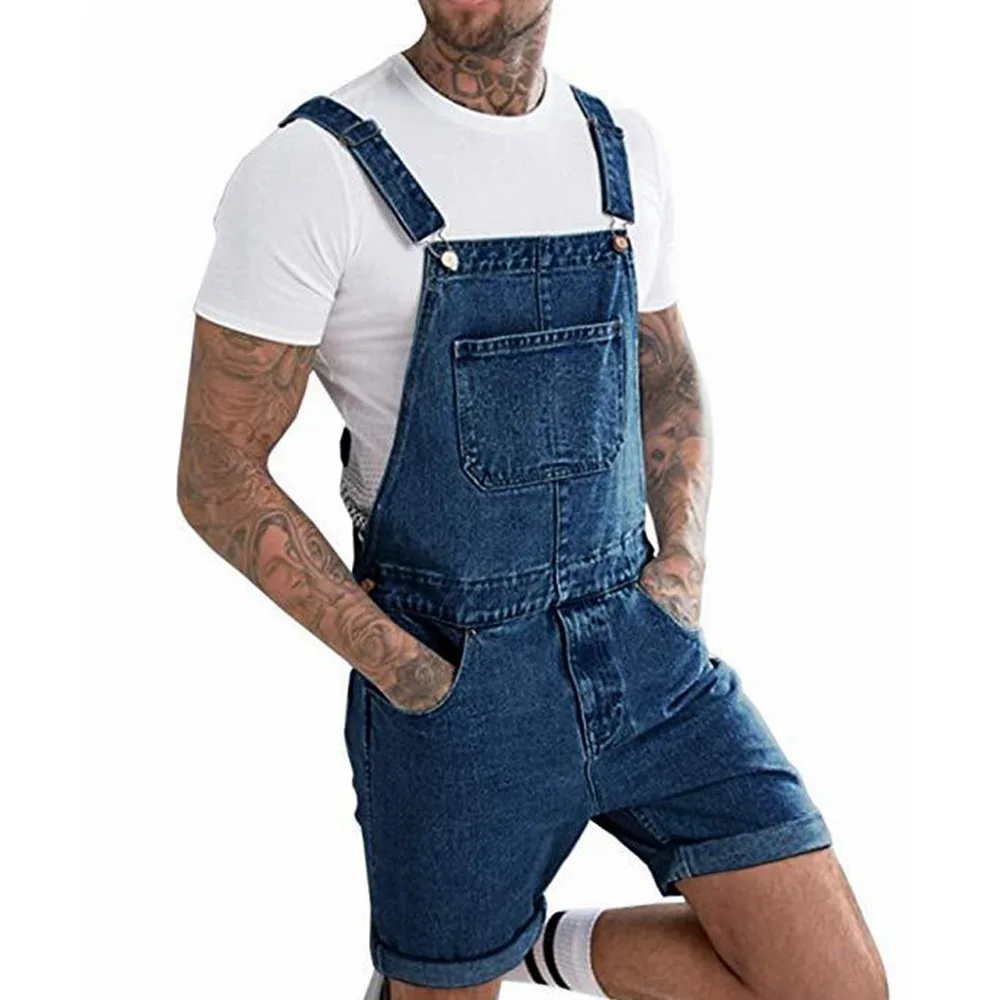 Wepbel One-Piece Working Bib Top Pants Overalls Summer Retro Men's Denim with Hole Shorts Short Jeans Pockets Washed Denim Pants