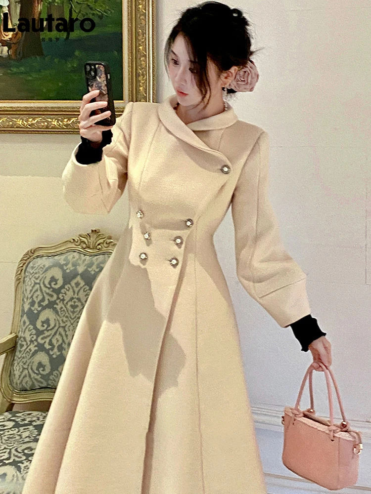 Lautaro Autumn Winter Long Warm Wool & Blends Coat for Women Double Breasted Elegant Luxury Designer Fit and Flare Clothes 2026 6