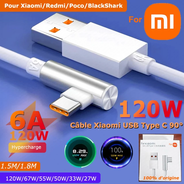 Xiaomi-Chargeur turbo d'origine, câble USB C, câble coudé 90