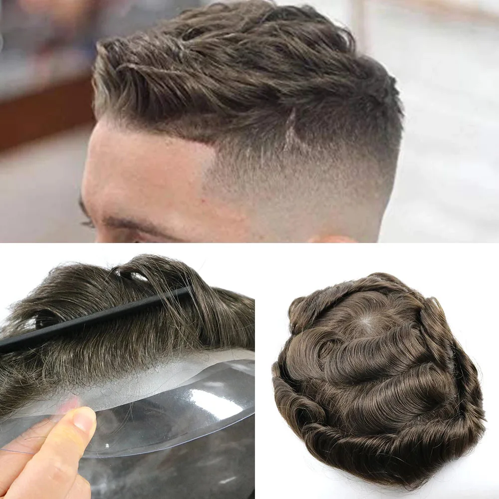 100% Natural Human Hair Men Toupee Wigs Transparent PU Super Durable Thin Skin V-looped Wig Replacement System human hair toupee