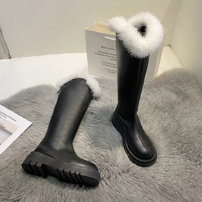 2023 New Winter Knee High Boots Women's Solid Color Platform PU Leather Shoes Ladies Zipper Plush Mouth Casual Boots