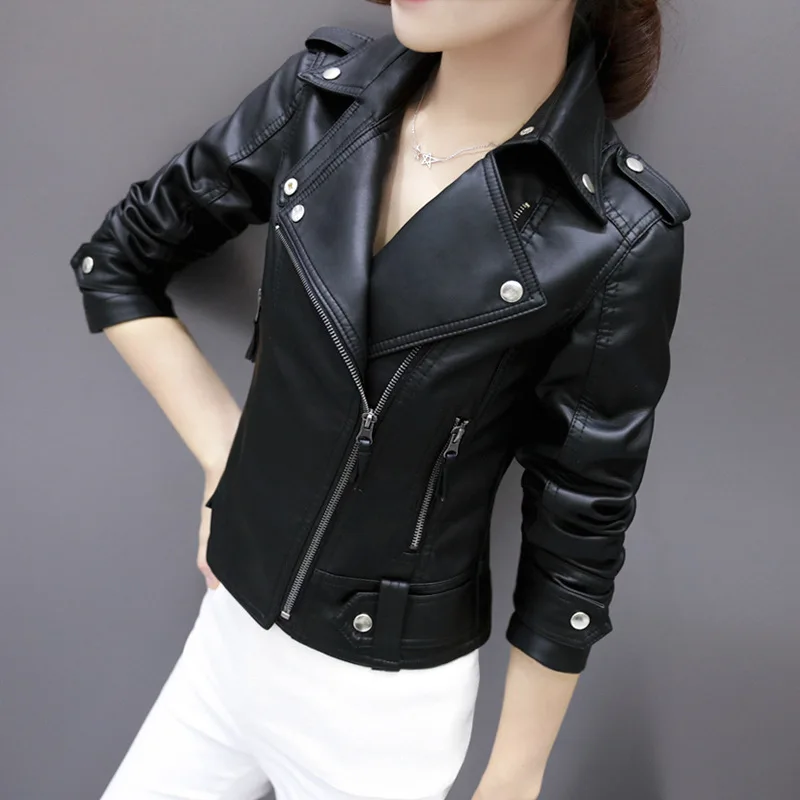 Casual Motorcycle Style Short PU Leather Jacket Women's Slim Fit Black Spring Autumn New Arrival Ladies' High Waist Coat