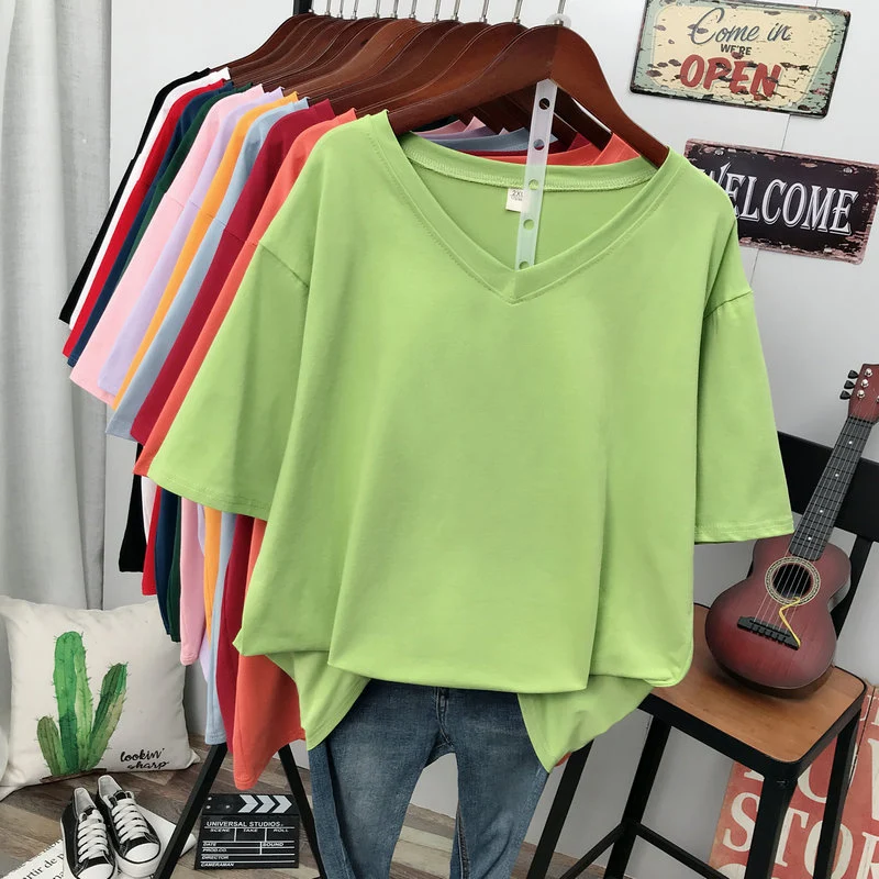 

DAYIFUN Cotton V-neck Short Sleeve T-shirts Women Korean Loose Plus Size Solid Tshirts Lady 100KG Half-sleeved Top 5XL Tees 2024
