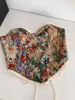 Retro Oil Painting Embroidery Crop Top Women's Design Sense Belted Slimming Asymmetrical ort Base irt French Sle Polyes... - Image 3