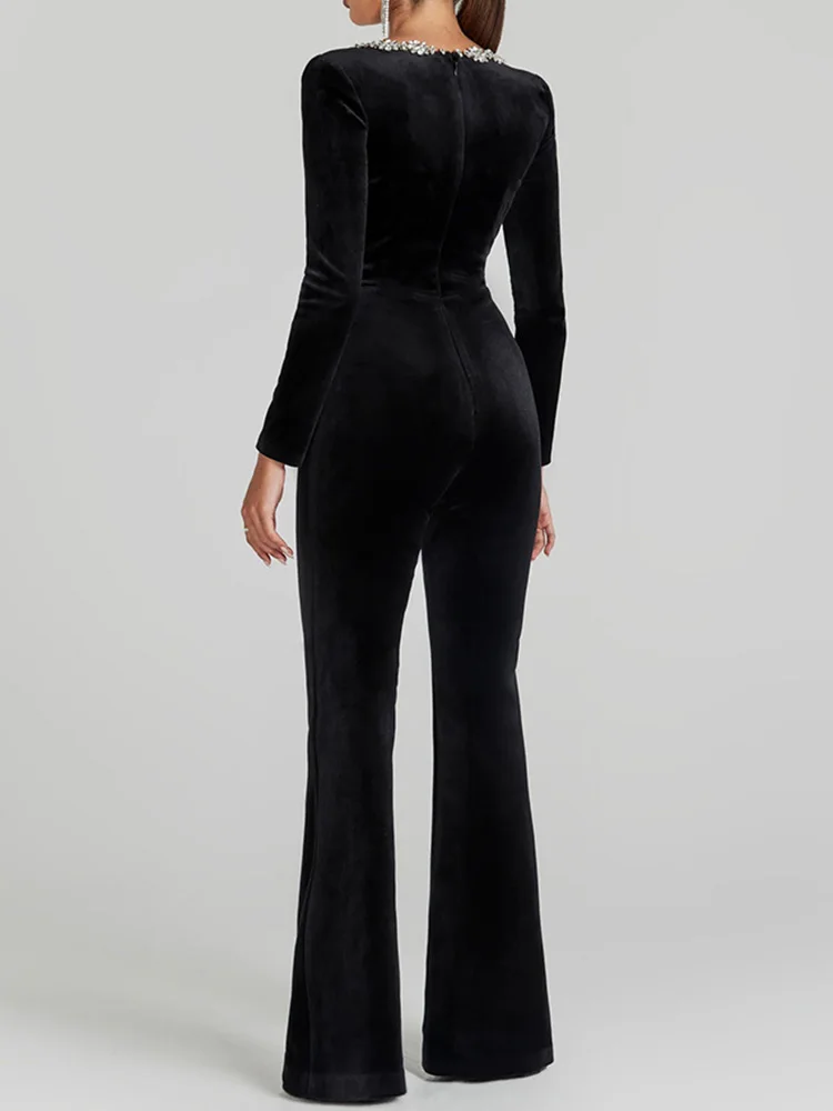 Women Spring Holiday Slim Fit Long Sleeve Velvet Jumpsuits Solid Square Collar Elegant Flare Pants Casual Ladies Playsuits 2025 4