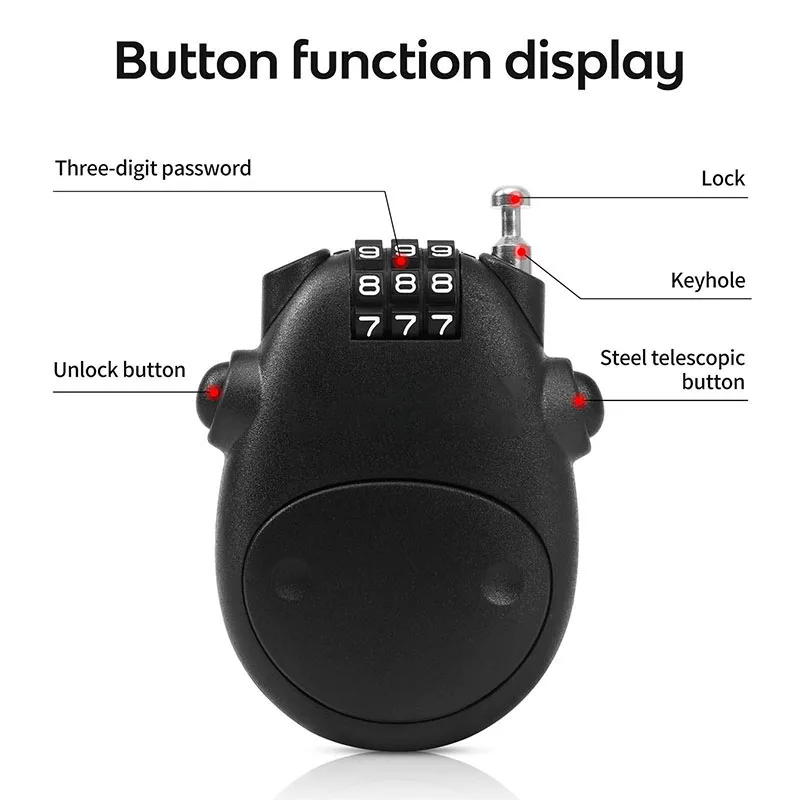 Bicicleta portátil senha Lock, Anti-Theft Lock, Bike Lock, motocicleta capacete cabo de aço, retrátil Combination Lock, Novo