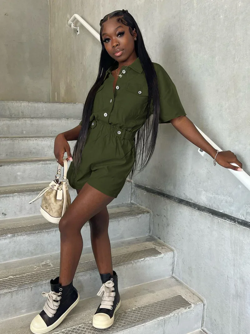 

KEXU Button Front Pocket Turn-down Collar Short Sleeve Romper Women Jumpsuit 2023 Summer Cargo Safari One Piece Set Playsuit
