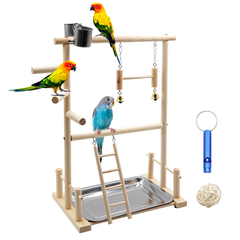 

Parrot Playstands with Cup Toys Tray Bird Swing Climbing Hanging Ladder Bridge Wood Cockatiel Playground Bird Perches 40X23X36Cm