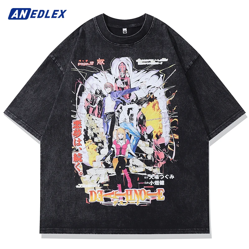 

Summer Men Vintage TShirt Hip Hop Streetwear Japanese Anime Death Manga Note Print T-Shirt Harajuku Washed Loose Tops Tees Black