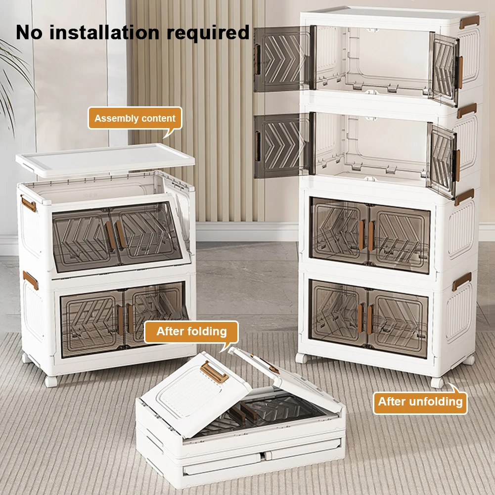 4 Tier Plastic Storage Containers with Doors & Wheels Foldable Organization Folding Storage Boxes for Living Room Bedroom Office 5
